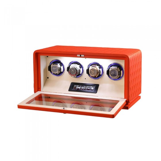 RGB LED lighting inside orange leather 4-watch winder illuminating watch dials in full color