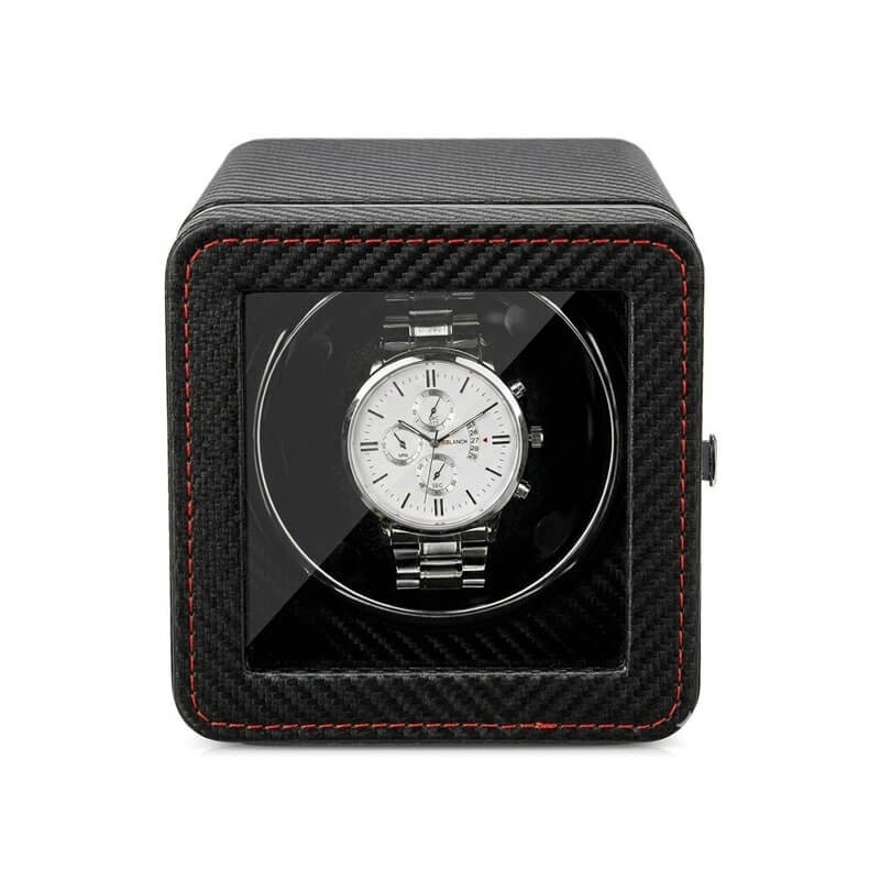 Roroos carbon fiber single watch winder box in black with red contrast stitching detail