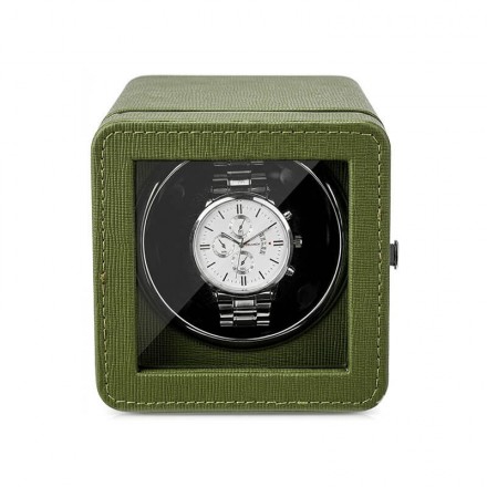Olive green leather single automatic watch winder box by Roroos, front view