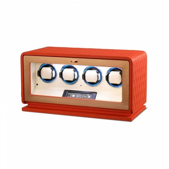 Orange watch winder open with beige velvet interior and 4 watch pillows