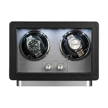 Black Leather Watch Case Automatic Winder for 2 Wrist Watch
