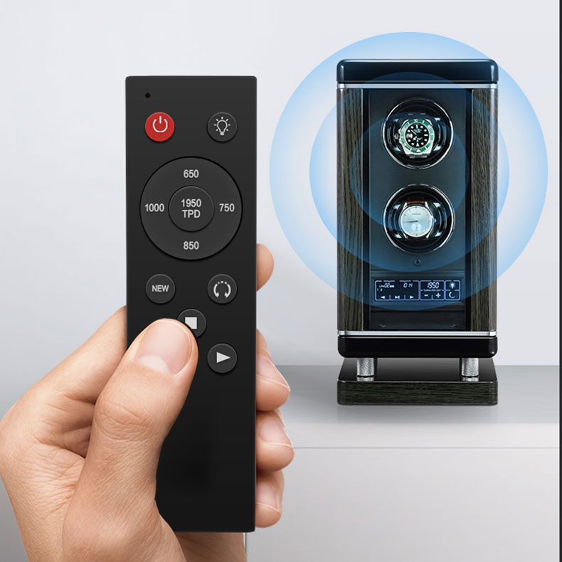 Two luxury automatic watches winding in Roroos smart wooden double watch winder with remote control