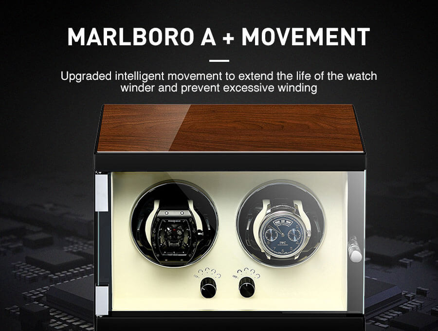 Two automatic watches winding simultaneously in Roroos classic vertical wooden double watch winder