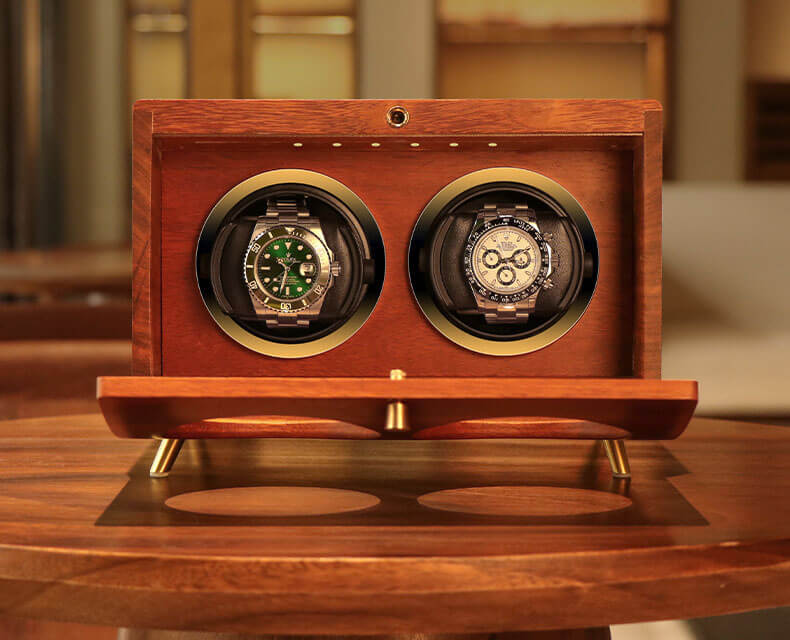 Ebony solid wood double watch winder on desk — automatic watch winder for Breitling Rolex Omega collectors