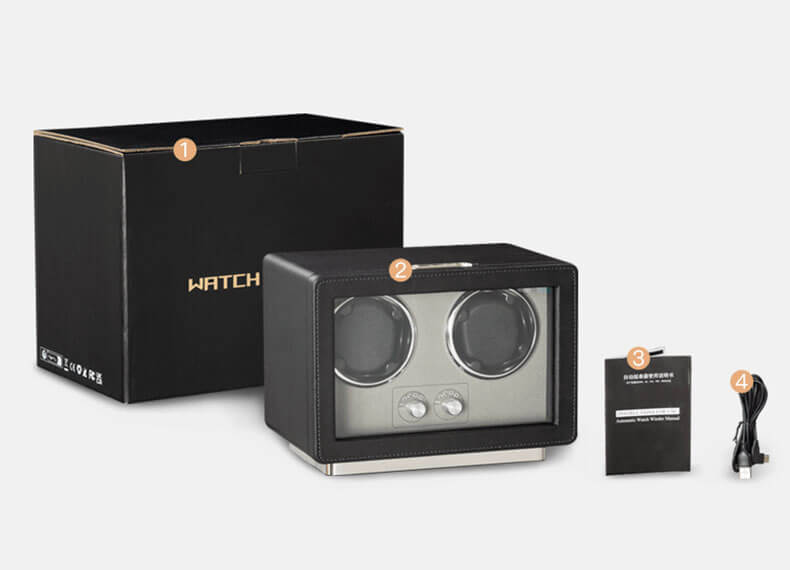 Black Leather Watch Case Automatic Winder USB-powered double watch display case