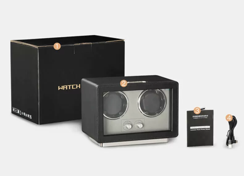 Black Leather Watch Case Automatic Winder USB-powered double watch display case