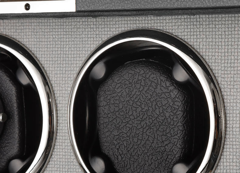Rotation mode control close-up Close up of the memory sponge pillow of the Black Leather Watch Case Automatic Winder for 2 Wrist Watch