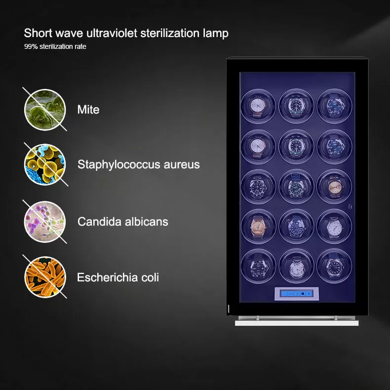 Mobiletto avvolgitore per orologi di lusso con lampada di sterilizzazione UV e 24 rotori per orologi automatici.