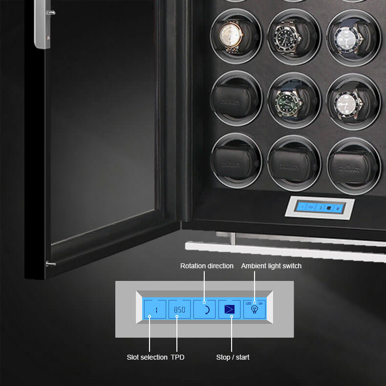 Lower control panel of a 15-slot watch winder displaying the start/stop function and customizable winding parameters for individual automatic watch rotors.