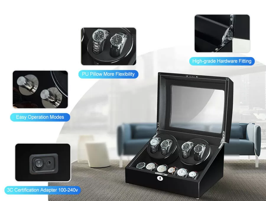Cushioned watch storage compartment in black automatic watch winder box – scratch-free pillow lining