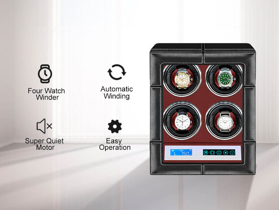 Enrouleur de montre automatique Quadruples Rolex avec écran tactile LED dans un intérieur rouge