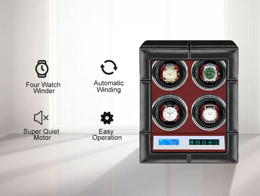 Quad Rolex Automatic Watch Winder With Led Touch Screen in Red Interior