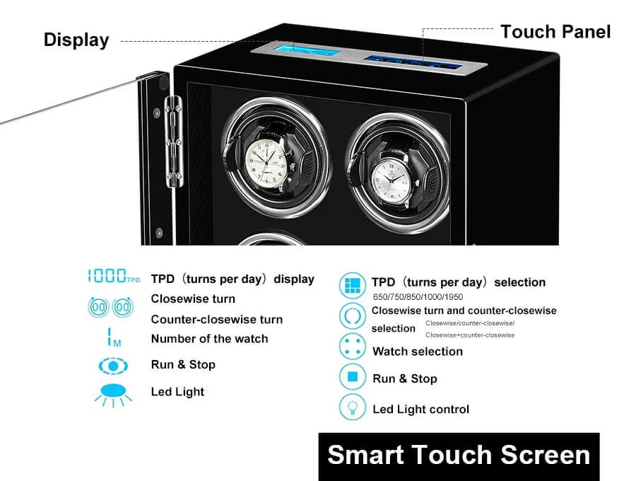 Smart Quad Automatik Uhrenbeweger Mit LCD-Touchscreen - Schwarzes und schwarzes Interieur