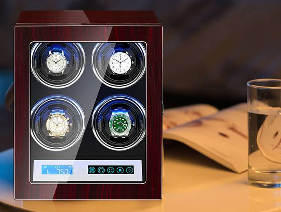 Smart Watch Winder With Lcd Touch Screen in Black Interior for 4 Watches