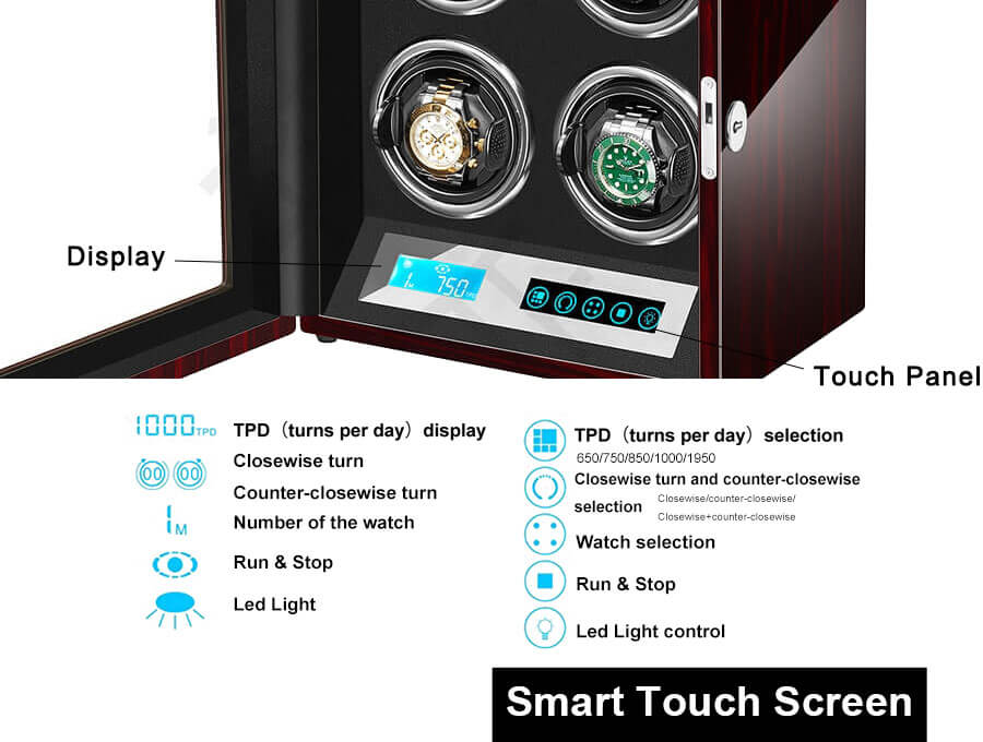 Smart Watch Winder With Lcd Touch Screen in Black Interior for 4 Watches
