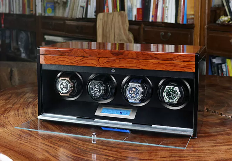Roroos luxury ebony watch winder box displayed on dressing table with 4 automatic watches inside