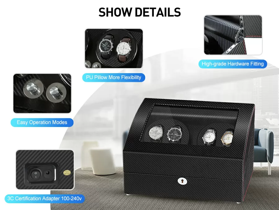 4 Boîte à remontoir avec 6 rangements pour montres - Style fibre de carbone