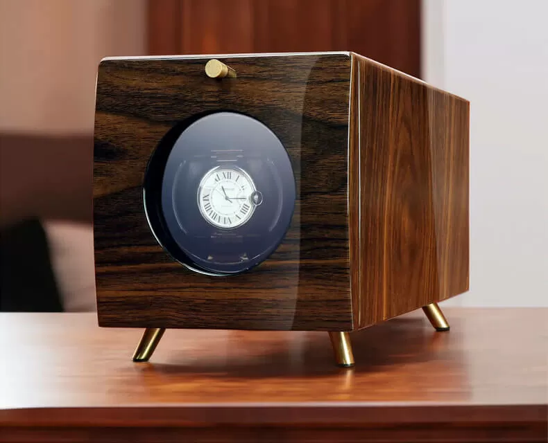 Retro ebony single watch winder on study desk – solid wood automatic watch winder for Rolex and luxury watches