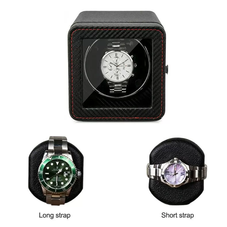 Close-up of red contrast stitching on Roroos black carbon fiber automatic single watch winder