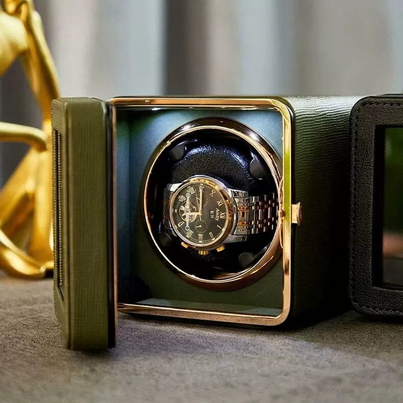 Green leather single automatic watch winder kit