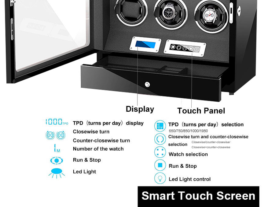Automatic 6 Watch Winder Box With Lcd Touch Screen in Black Interior