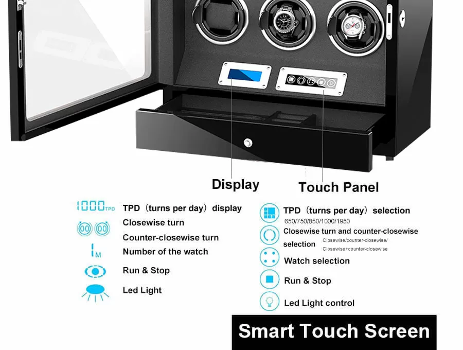 Boîtier de remontoir automatique pour 6 montres avec écran tactile LCD à l'intérieur noir