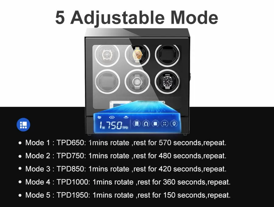 Boîte de remontoir automatique pour 6 montres avec écran tactile LCD à l'intérieur noir