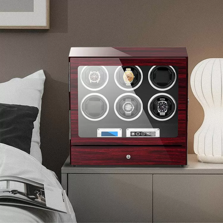 Caja enrolladora automática de 6 relojes Rosewood con pantalla táctil LCD en interior negro