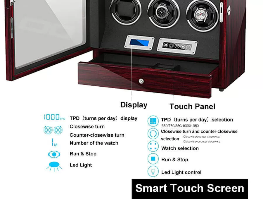 Caja enrolladora automática de 6 relojes Rosewood con pantalla táctil LCD en interior negro