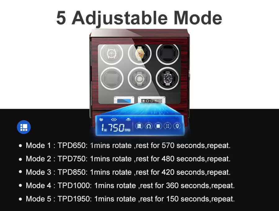 Caja enrolladora automática de 6 relojes Rosewood con pantalla táctil LCD en interior negro