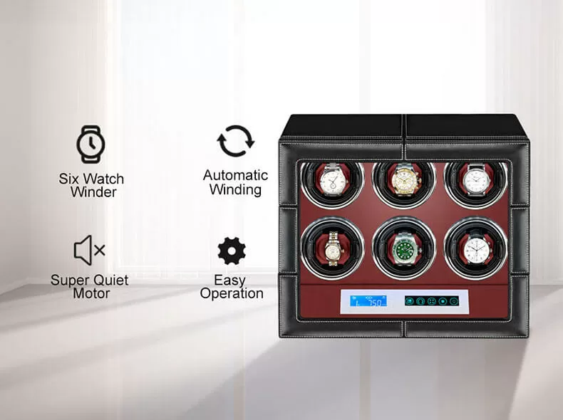 Leather Six Piece Watch Winder with Red Interior