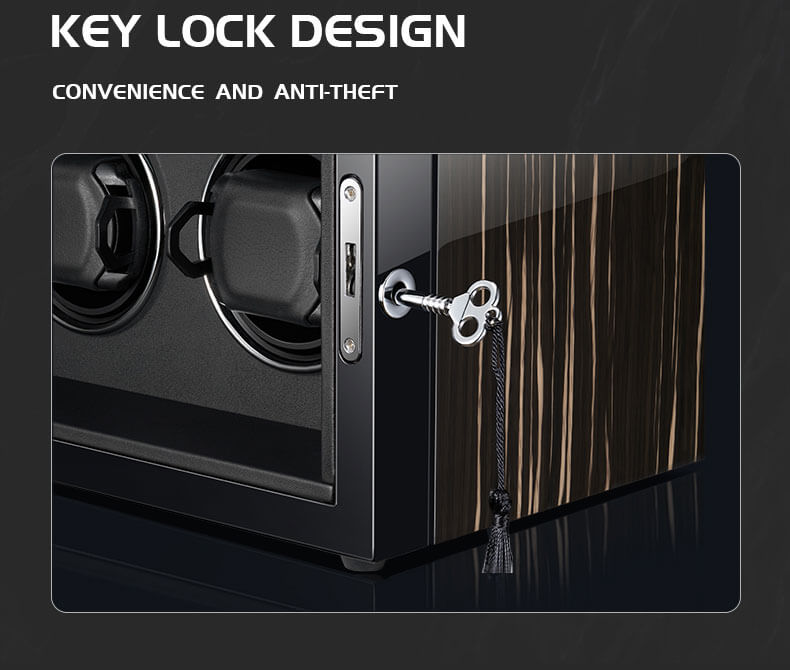9 Watch Winder Box with 5 Extra Storage in Striped Ebony Wood - key & lock