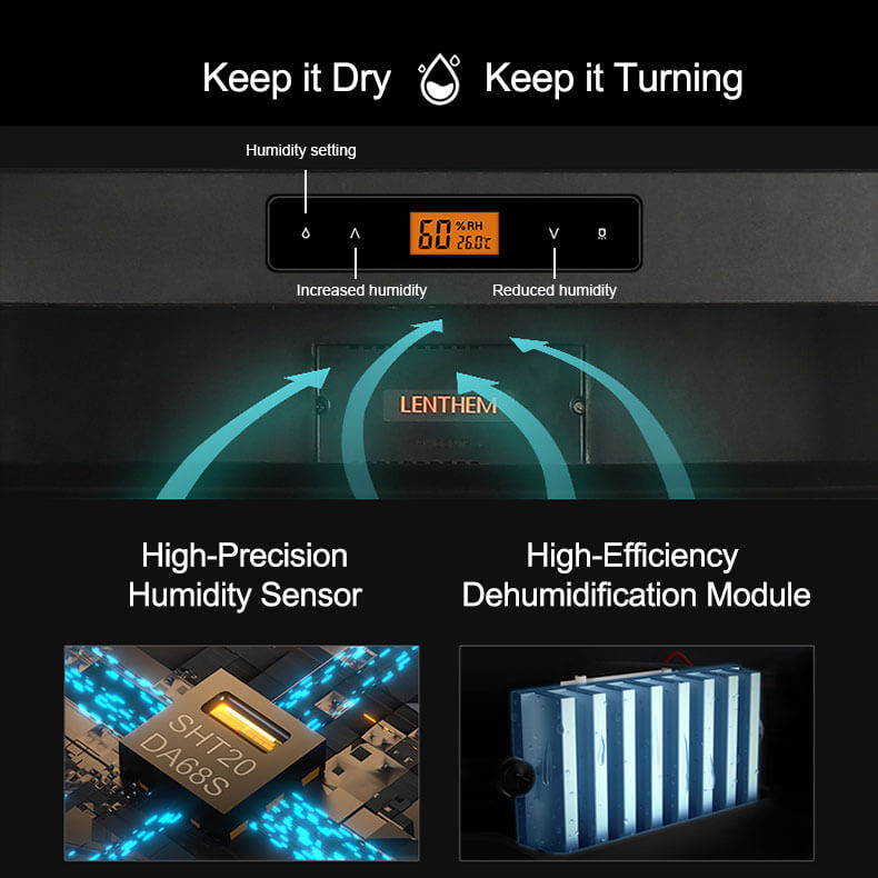 Professionelles Uhrenbeweger-Feuchtigkeitsregulierungssystem mit digitalem LCD-Display, präzisem Feuchtigkeitssensor und Entfeuchtungsmodul zur optimalen Aufbewahrung von Luxusuhren.