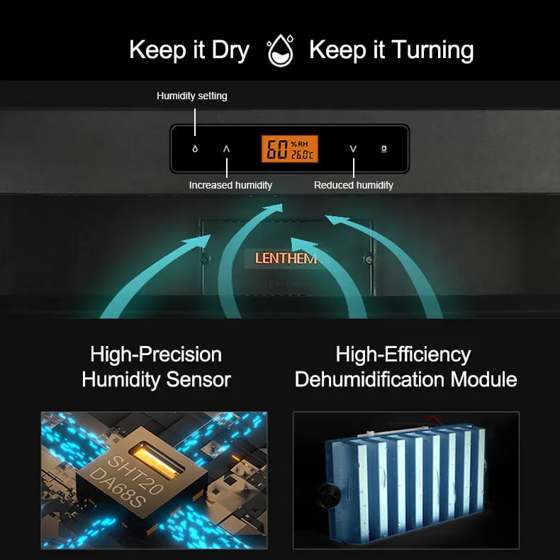 Professional watch winder humidity control system featuring a digital LCD display, precision humidity sensor, and dehumidifier module for luxury watch preservation.