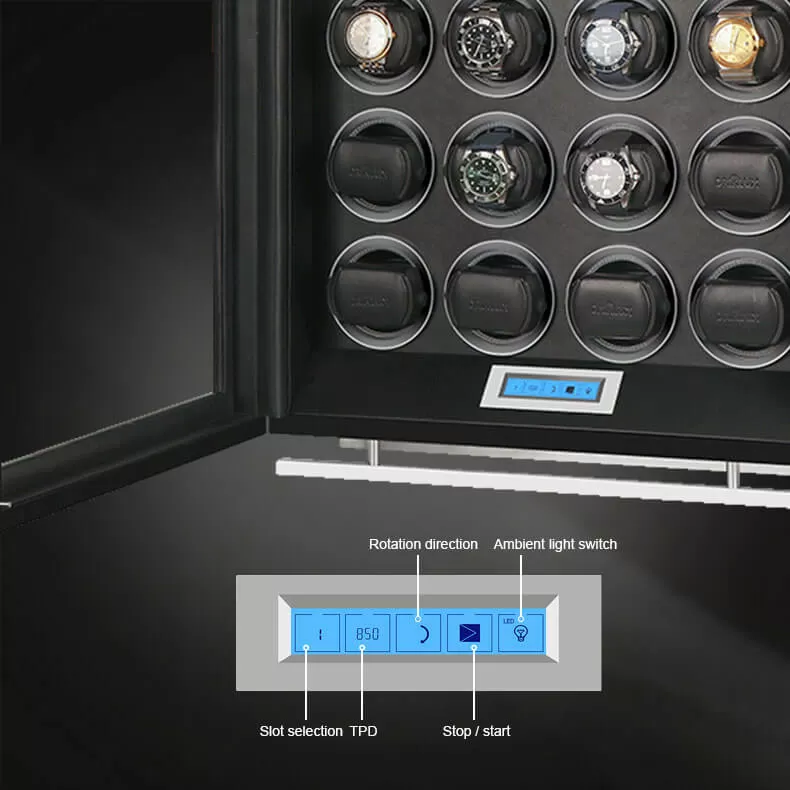 Lower control panel of a 12-slot watch winder displaying the start/stop function and customizable winding parameters for individual automatic watch rotors.