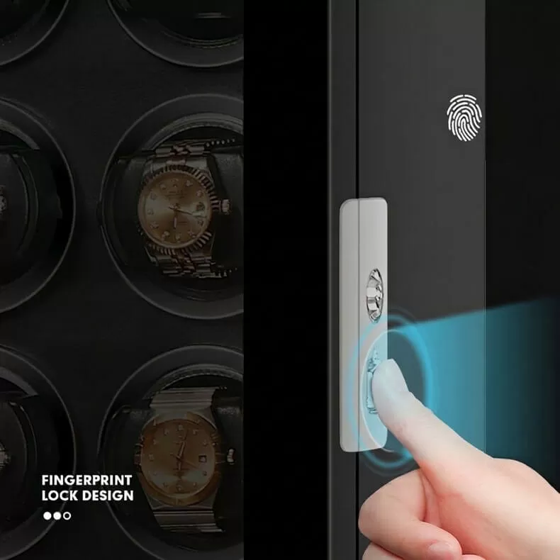 Modern watch winder cabinet with fingerprint lock design and secure biometric access for luxury timepieces.