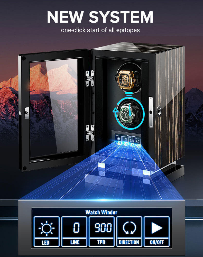 Black microfibre interior with LED lighting inside 24-slot Roroos watch winder cabinet