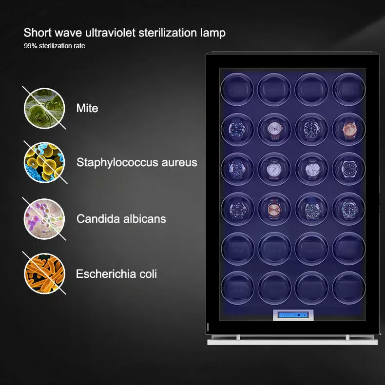 Luxury watch winder cabinet with UV sterilization lamp and 24 automatic watch rotors.