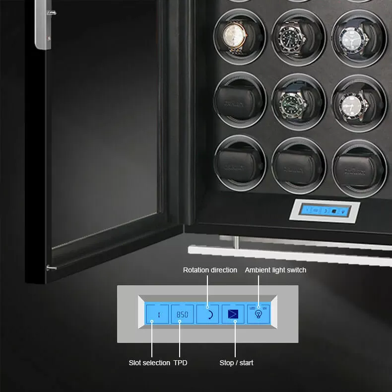 Lower control panel of a 24-slot watch winder displaying the start/stop function and customizable winding parameters for individual automatic watch rotors.
