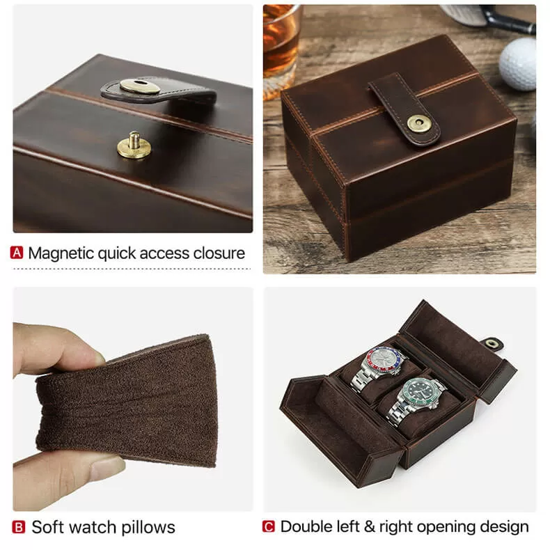 Roroos brown leather watch case exterior stitching detail