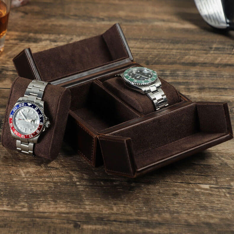 Handmade Portable Mechanical Watch Case With Brown Leather for 2 Watch