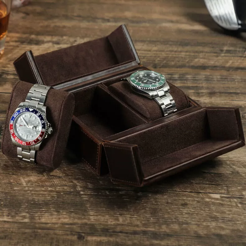 Stainless steel snap closure on handmade leather 2-watch case