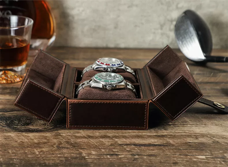 Side-by-side watches secured inside Roroos leather travel case