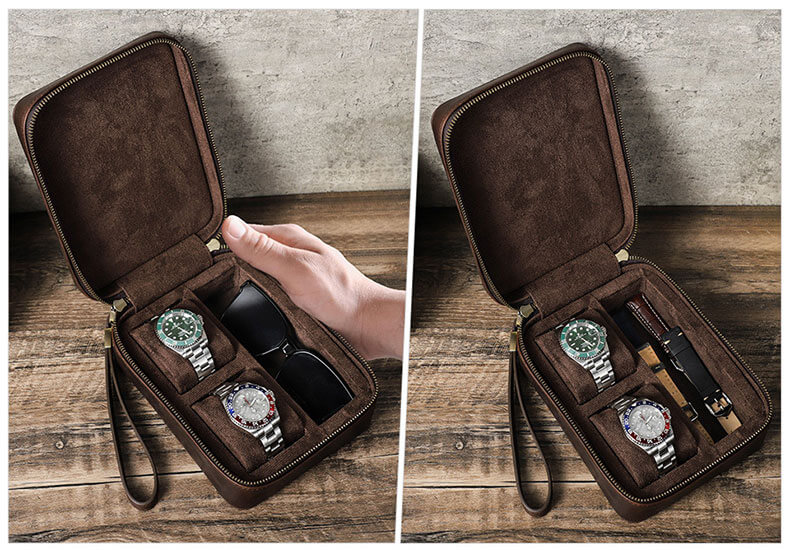 Handmade Leather Travel Watch Glasses Case with 2 Slots
