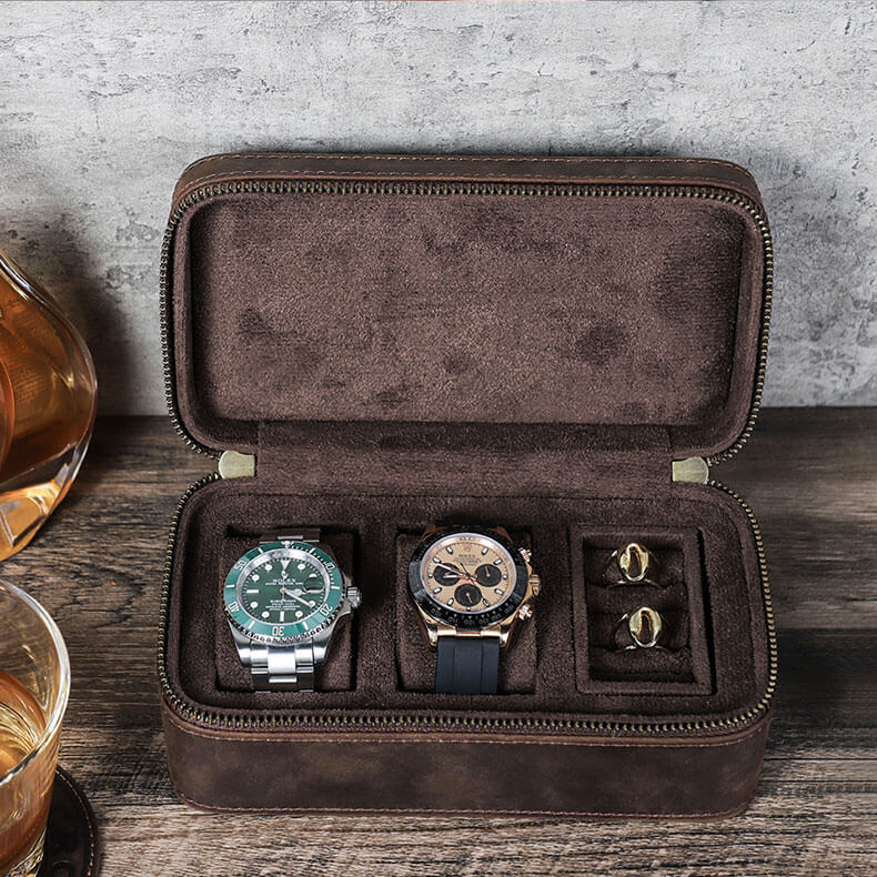Handmade Leather Travel Jewelry Watch Box with 3 Slots