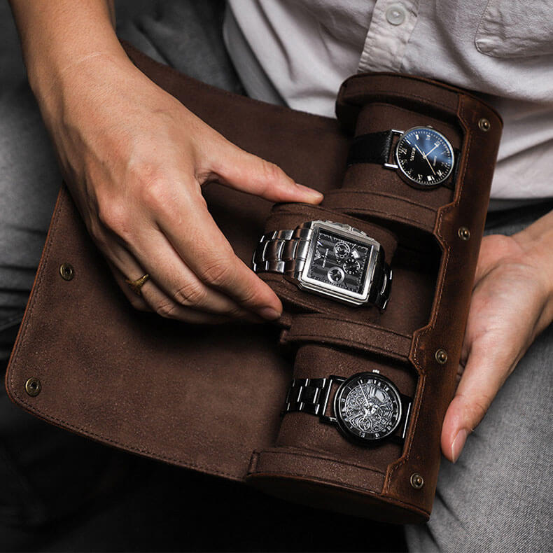 Genuine Leather Travel Watch Roll for 3 Watches