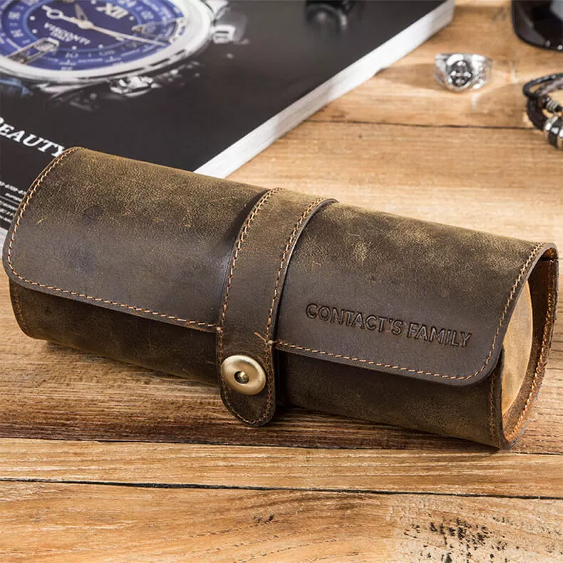 Roroos Top-grain Leather Watch Roll For 3 Watches
