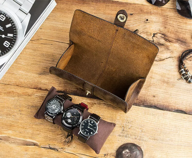 Roroos Top-grain Leather Watch Roll For 3 Watches